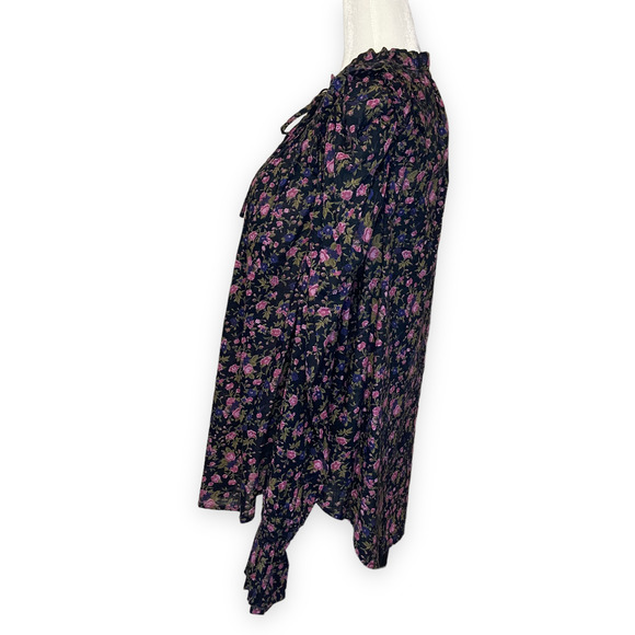 Free People Meant To Be Tie-Neck Blouse in Black Floral Top Long Sleeve - Picture 7 of 13